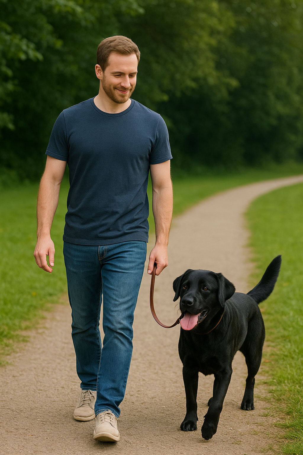 Sahibiyle yürüyüş yapan Labrador