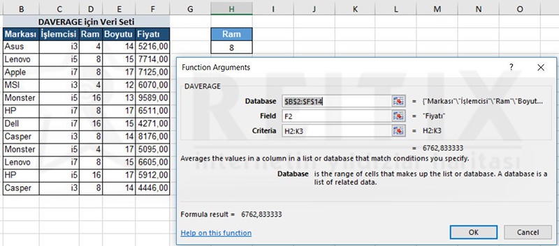 Excel DAVERAGE örnek