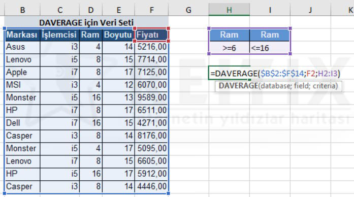 Excel DAVERAGE kullanımı