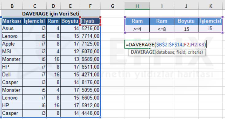 Excel DAVERAGE çözüm