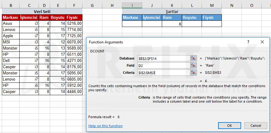 Excel DCOUNT Örnek