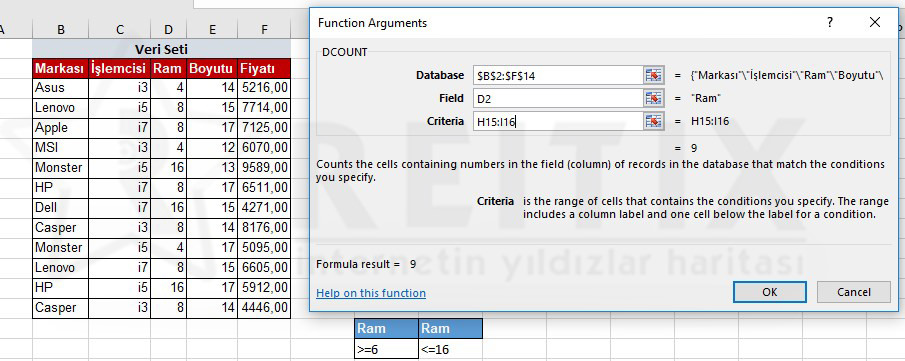 Excel DCOUNT Kullanımı