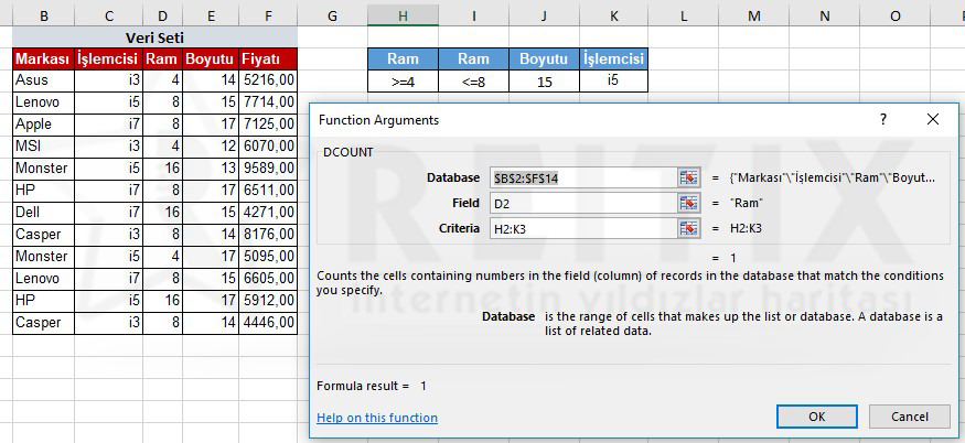 Excel DCOUNT çözüm