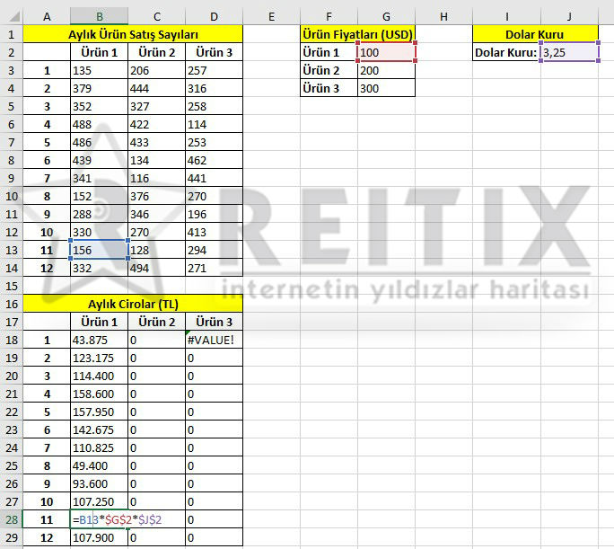 Excel hücre sabitlemek