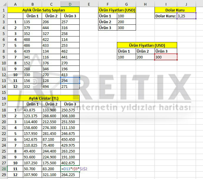 Excel hücre sabitlemek