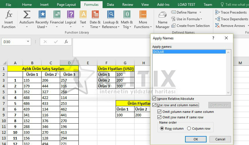 Excel hücreye isim vermek