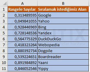 excel rastgele sırala