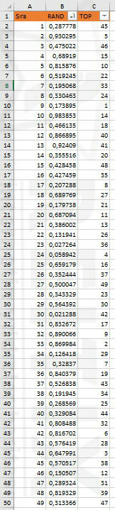 excel loto rastgele sıralama