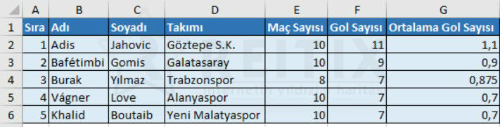 excel sıralama işlemleri