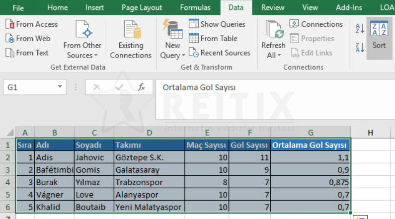 excel tablo sıralama artan