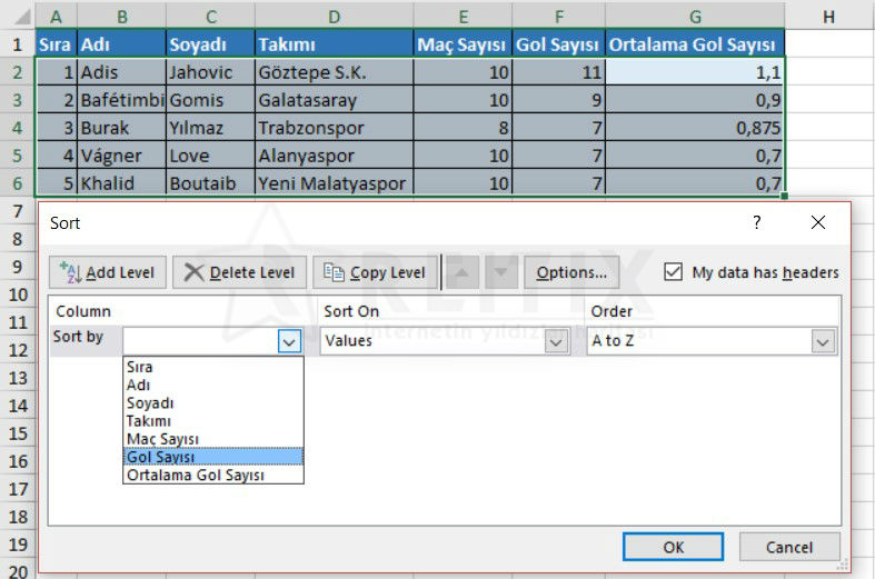 excel tablo sıralama azalan