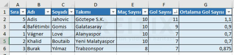 excel filtreleyerek sıralama