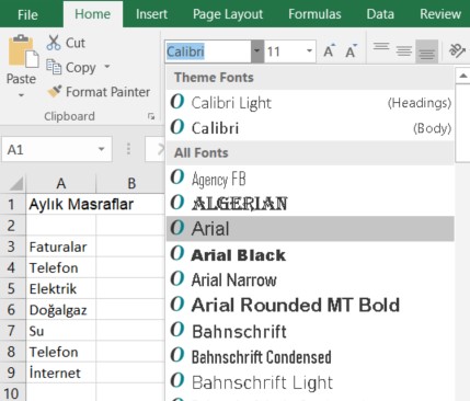 excel arial font