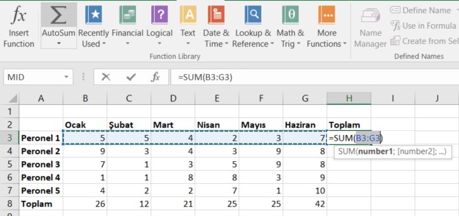 excel autosum sütun bazlı