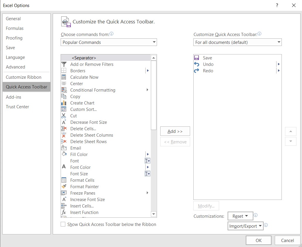 excel customize quick access toolbar.