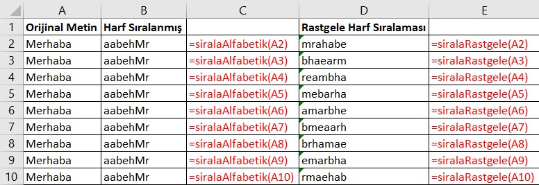 excel harf sıralama rastgele