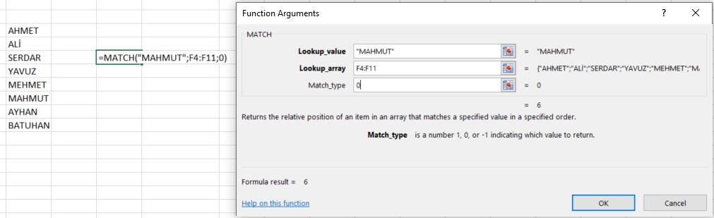 excel match fonksiyonu