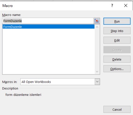 excel mevcut makrolar