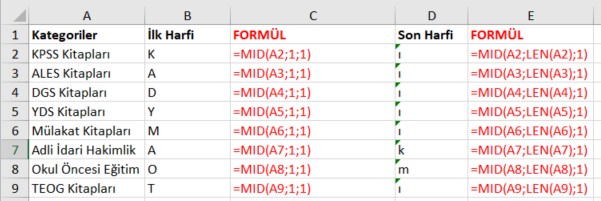 excel mid fonksiyonu ilk son harf