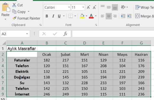 excel ortaya hizalamak