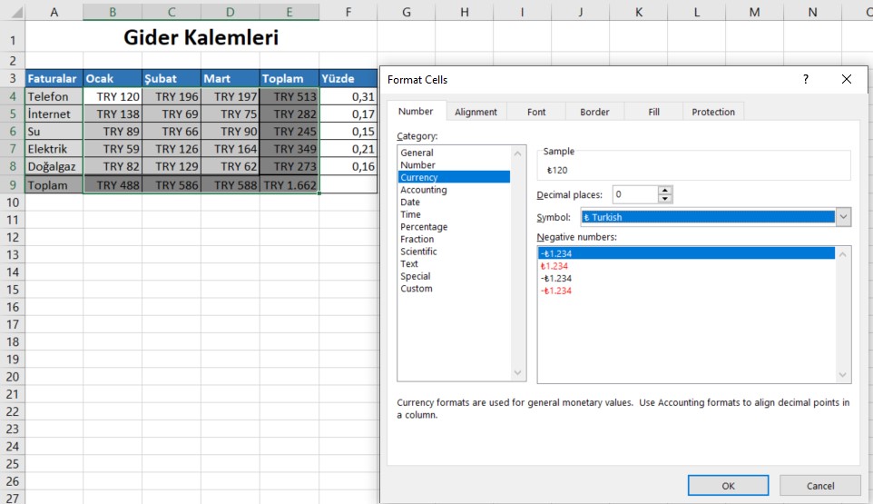 excel para birimi format