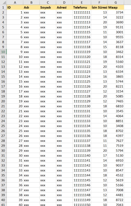 excel personel bilgileri tablosu