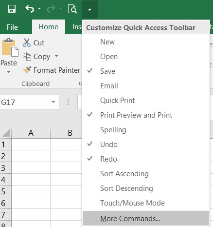 excel quick access toolbar more commands