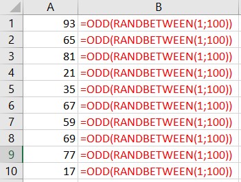 excel rastgele tek sayı