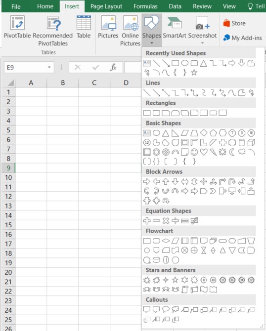 excel şekil eklemek