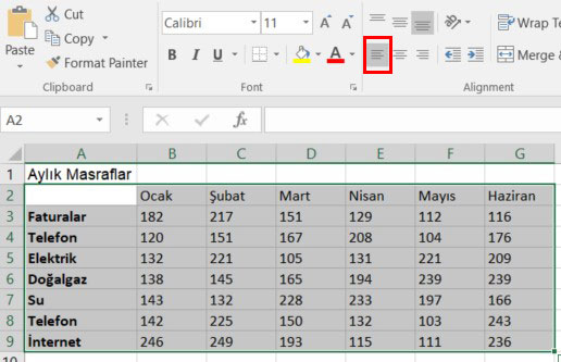 excel sola hizalama yapmak