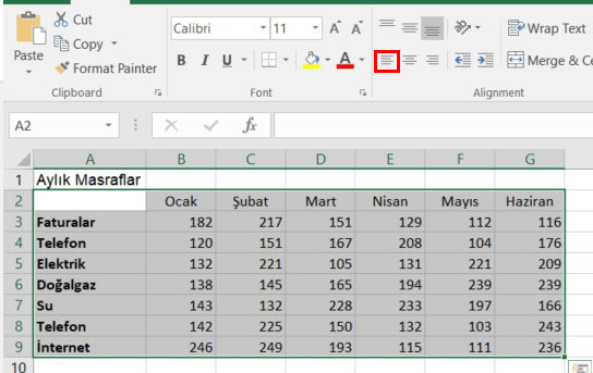 excel sola yaslama