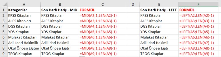 excel son harfi silmek