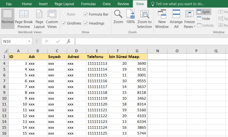 excel split screen