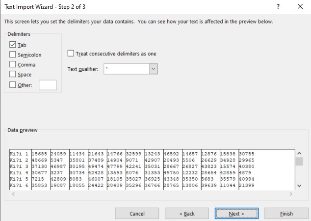 excel text import