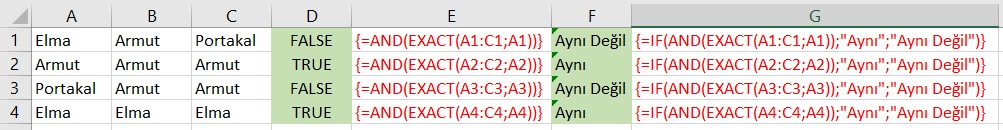 excel üç değeri karşılaştırmak