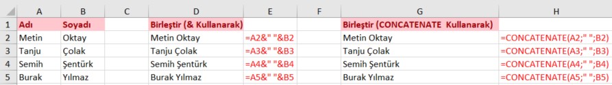 excel yazı birleştirmek