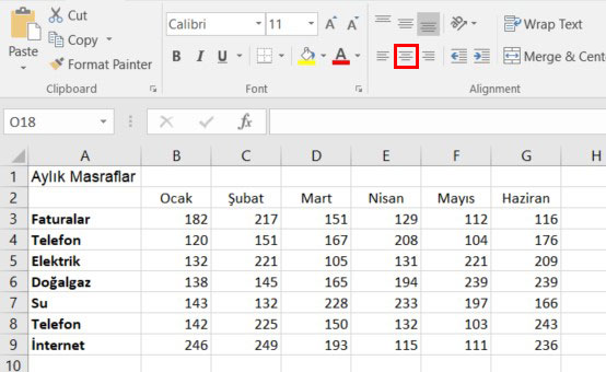 excel yazıları ortalamak