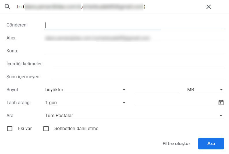 gmail mail fitreleme çok alıcı