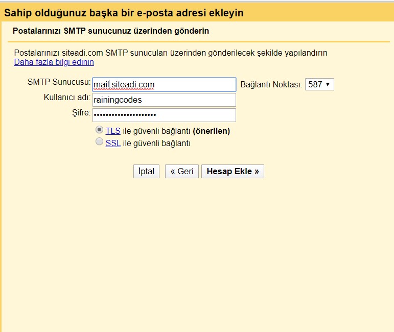 gmail smtp eklemek