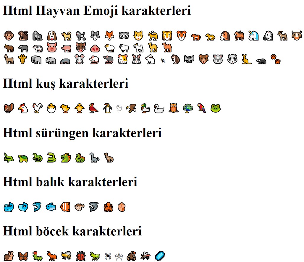 html hayvan karakterleri