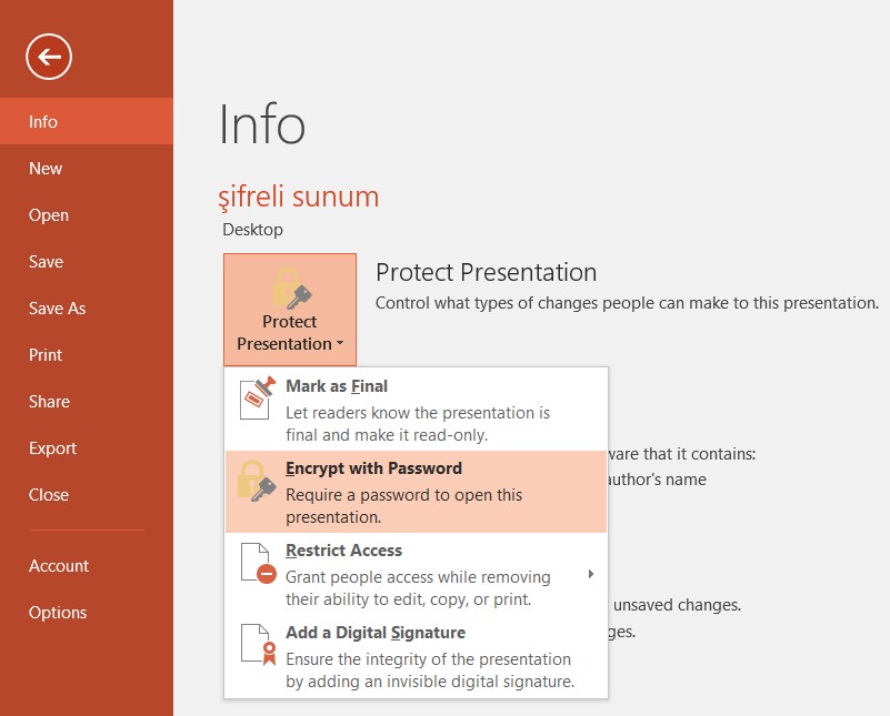 powerpoint şifre ekleme