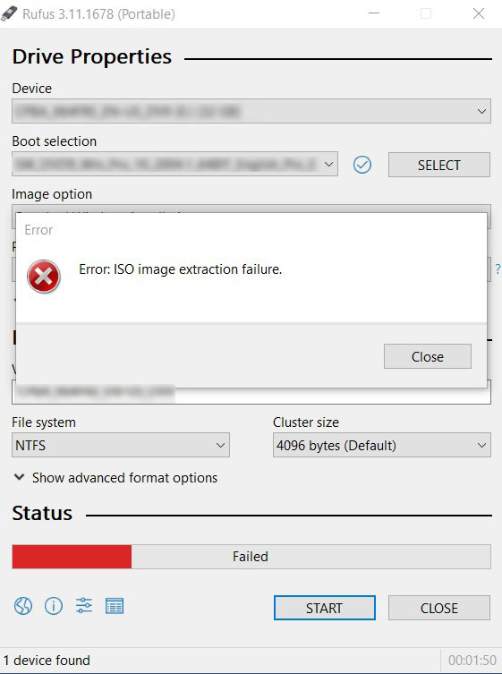 rufus iso image extraction failure
